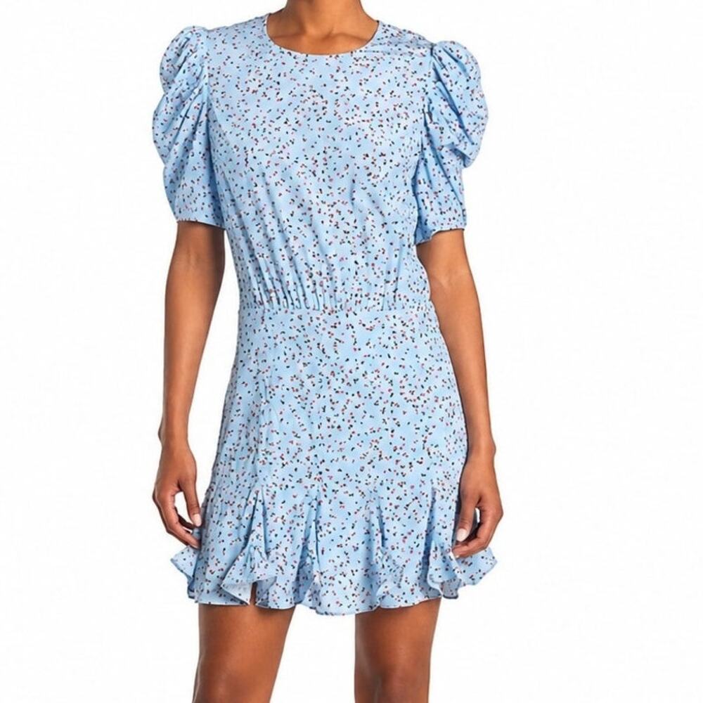 Veronica Beard Lila Silk Floral Puff Sleeve Mini Dress Blue Womens 10